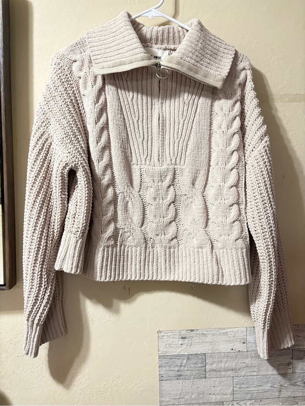 Pink Rose Cream Cable-Knit Zip Turtleneck Sweater